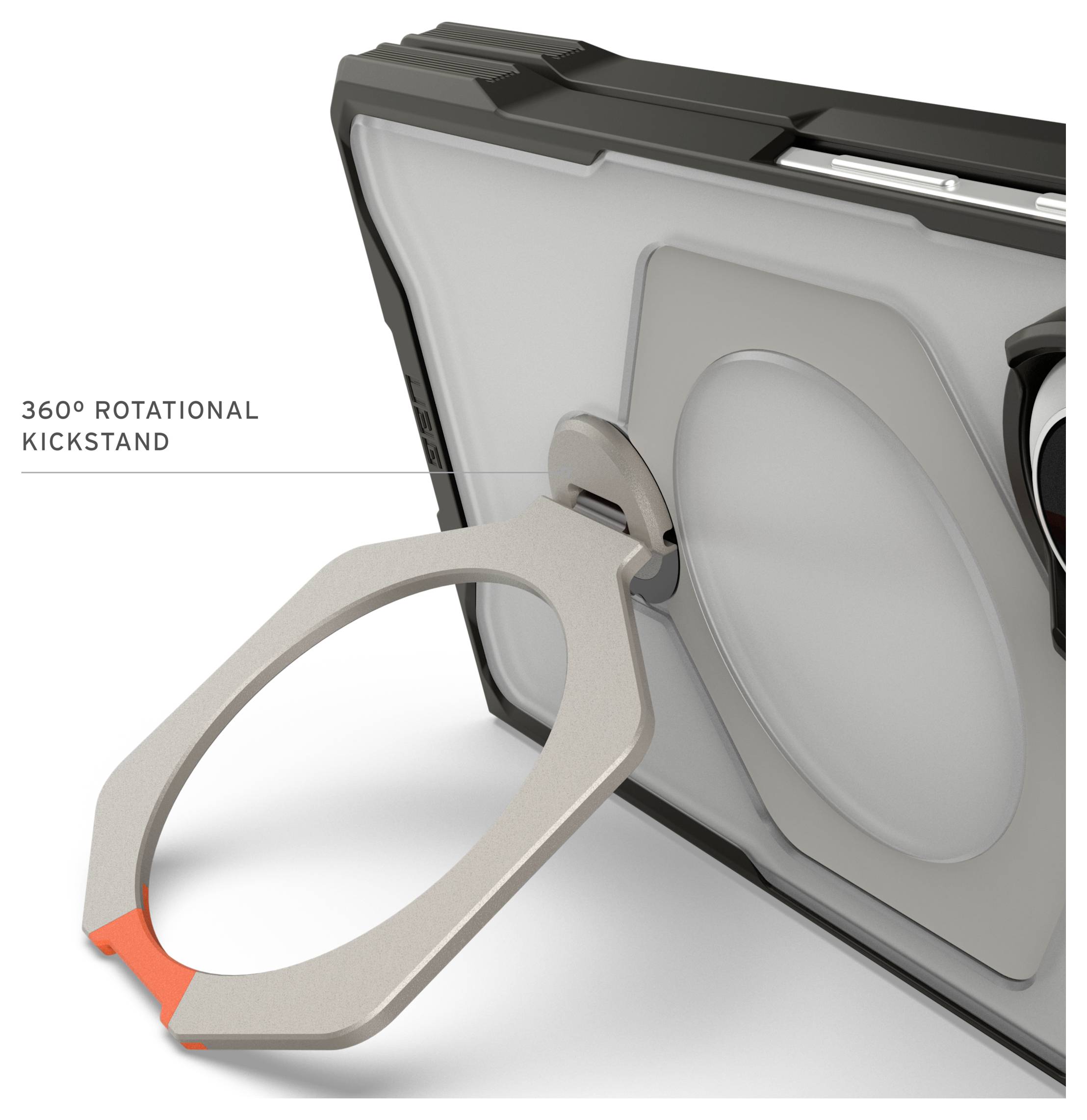 Tablet-Hülle mit einem um 360° drehbaren Kickstand-Ring, der von der Rückseite hervorsteht, in Nahaufnahme mit der Beschriftung „360° DREHBARER KICKSTAND".