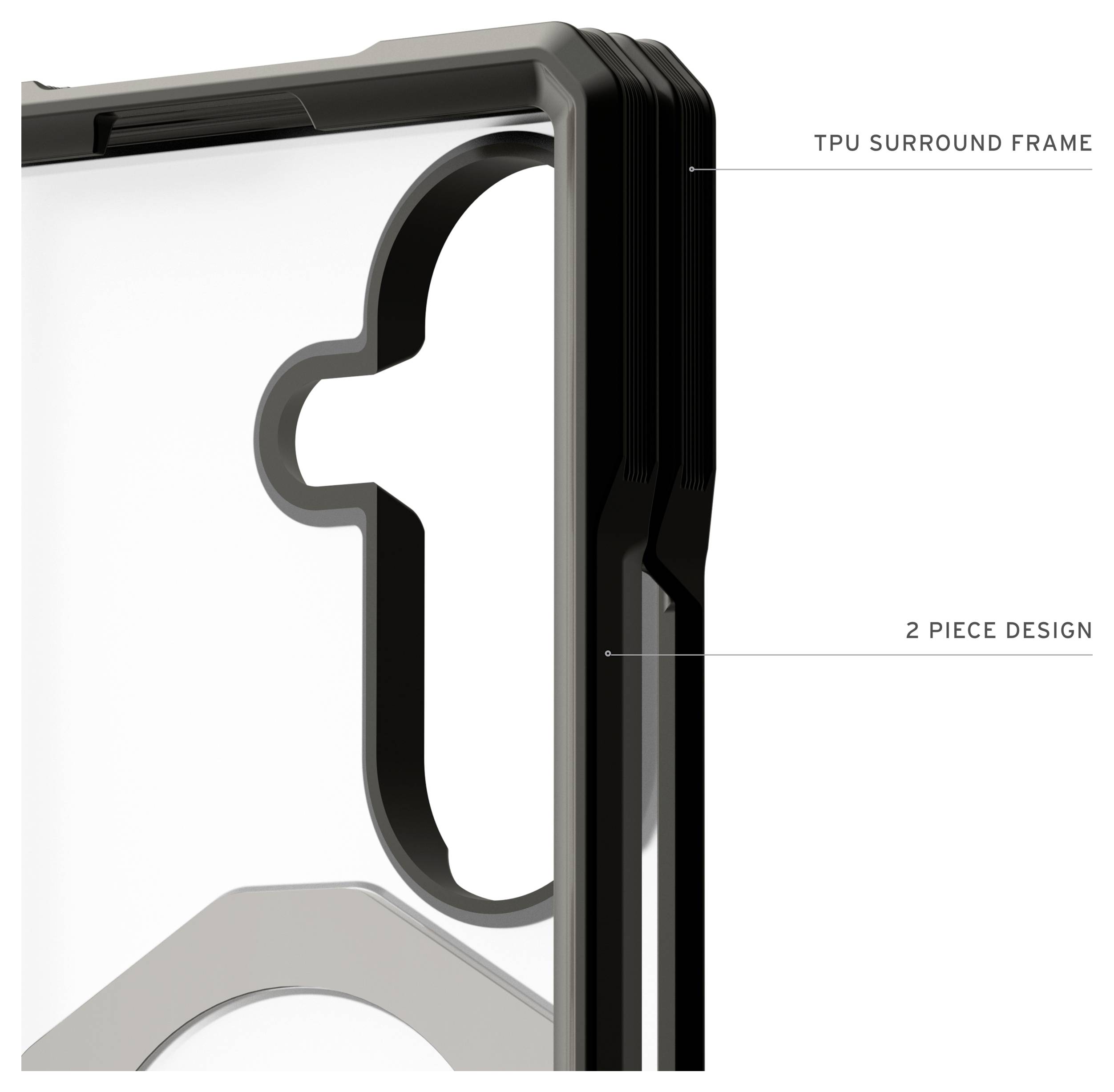 Nahaufnahme einer schwarzen Handyhülle mit TPU-Umrandungsrahmen und zweiteiligem Design, mit einer Aussparung für die Kamera oder die Seitentaste.