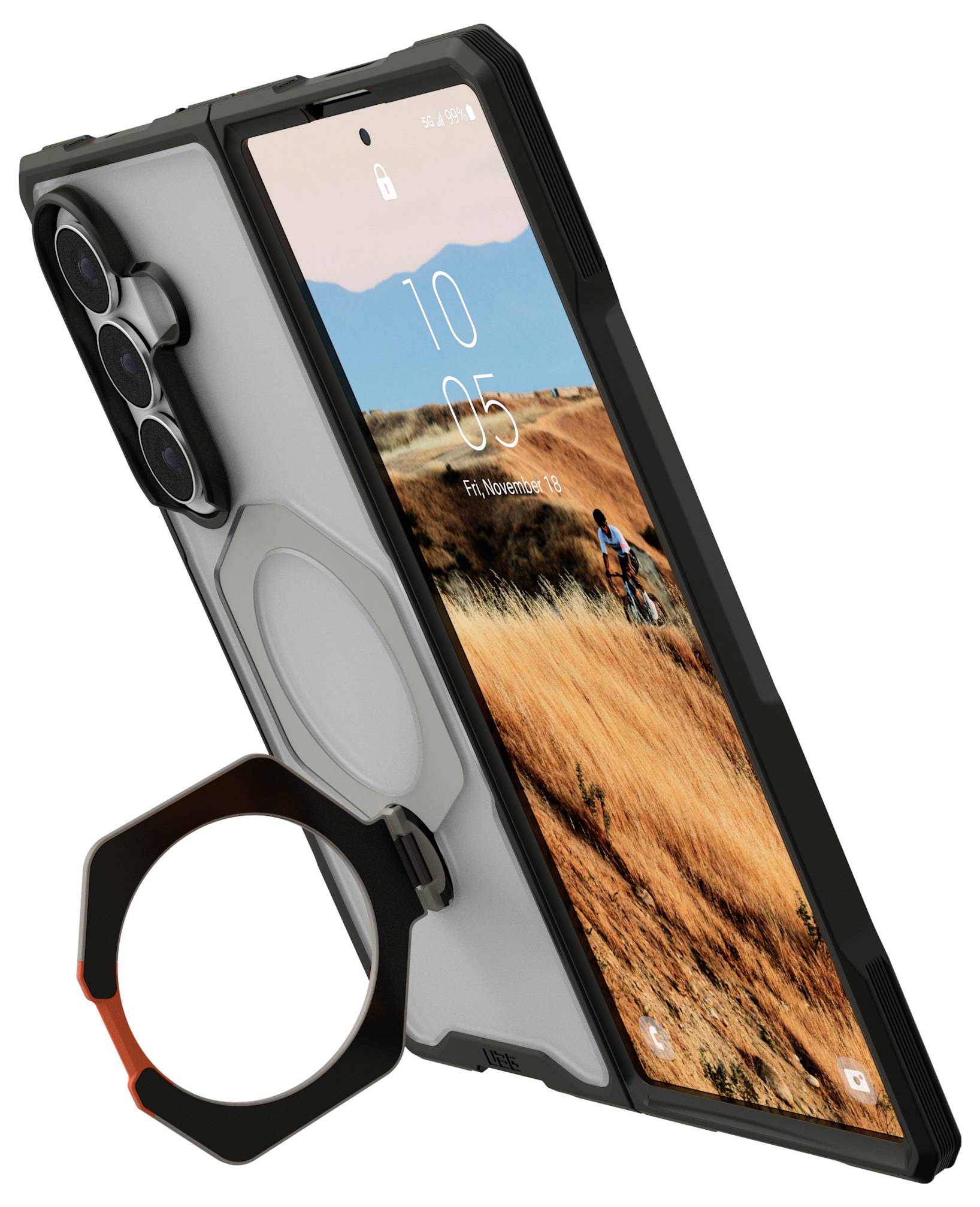 Robuste schwarze Smartphone-Hülle mit erhöhtem Kameraschutz und angebrachtem Ringständer auf der Rückseite, gezeigt auf einem Telefon mit Landschaftshintergrundbild.