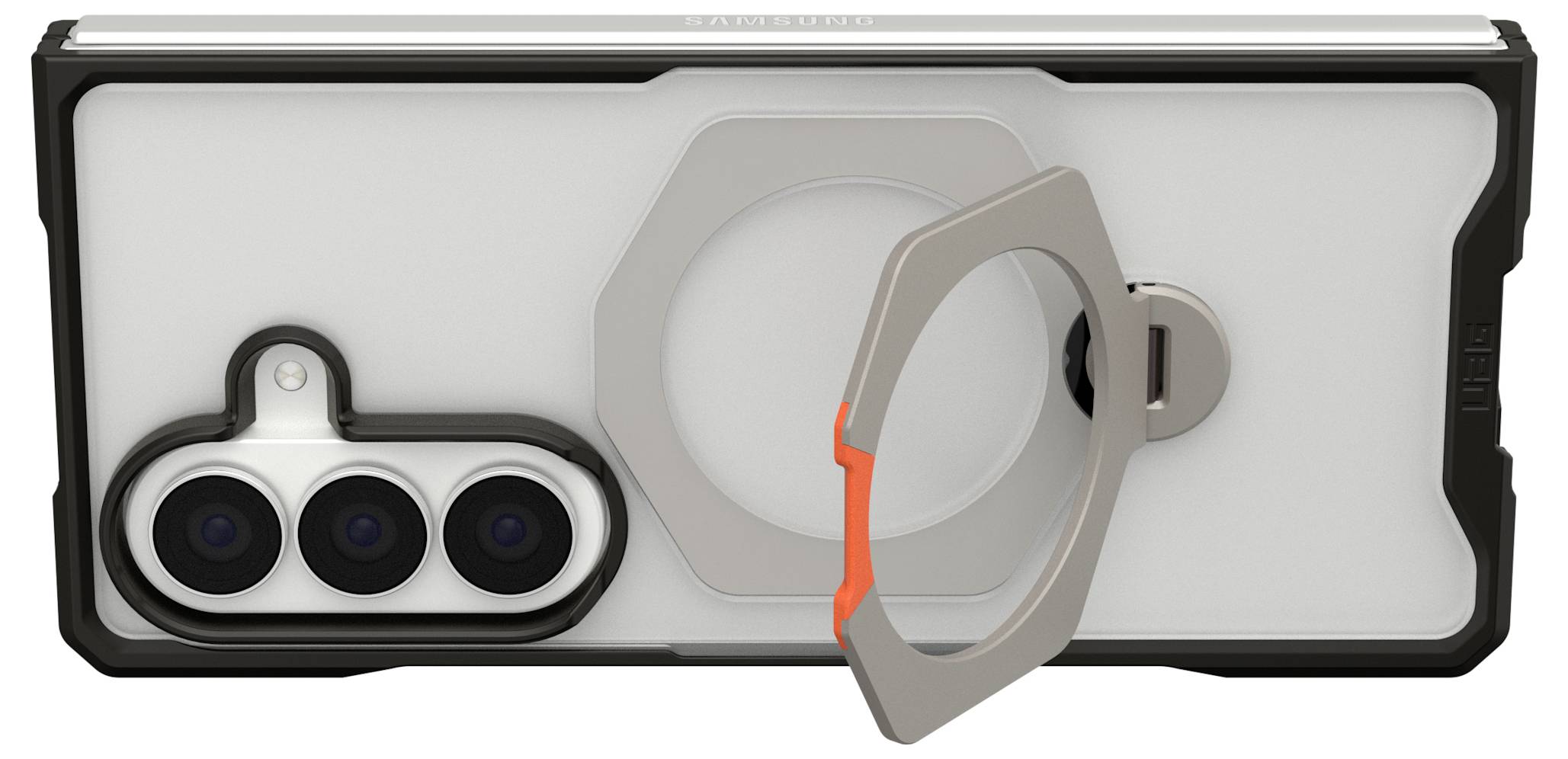 Weiß-schwarzes Smartphone-Etui mit eingebautem Triple-Kamera-Ausschnitt und Schutzring auf der Rückseite, in Vorderansicht gezeigt.