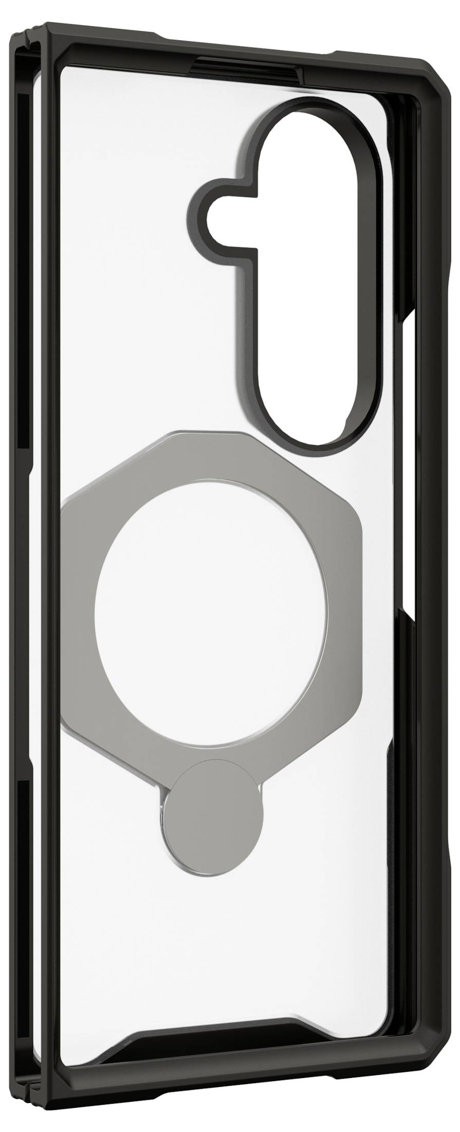 Ein schwarzes Smartphone-Etui mit großem vertikalem Kameraausschnitt und silbernem kreisförmigem Ringständer auf der Rückseite.