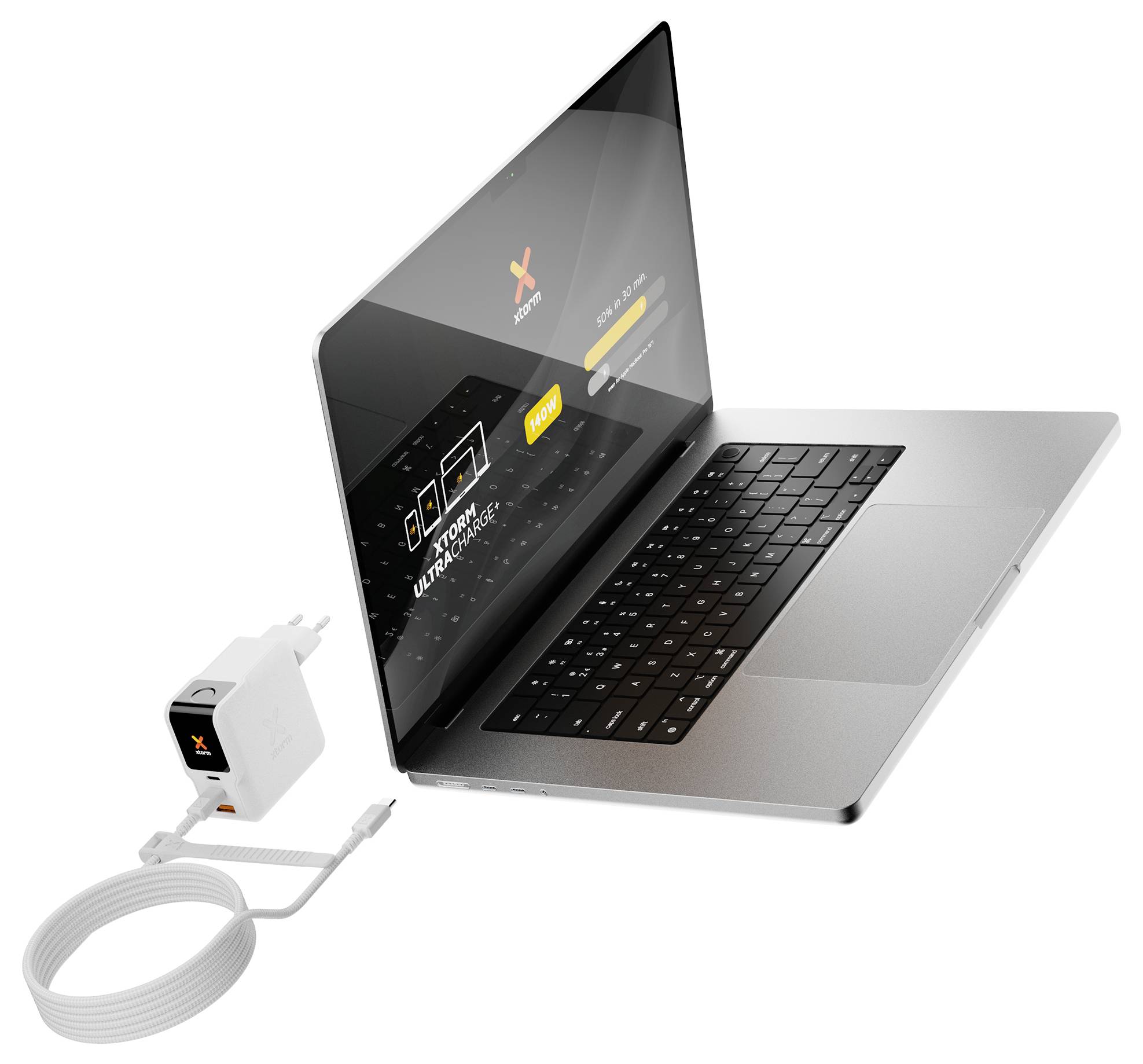 Laptop verbunden mit einem weißen Ladegerät und Kabel, zeigt eine Stromversorgings-/Ladefläche auf dem Bildschirm.