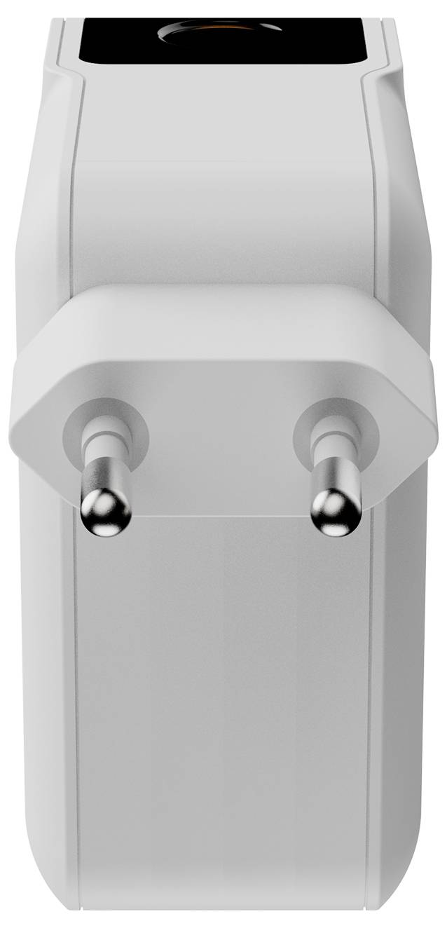 Frontansicht eines weißen zweipoligen Elektrosteckers mit abgerundeten Stiften und einer schwarzen Öffnung oben.