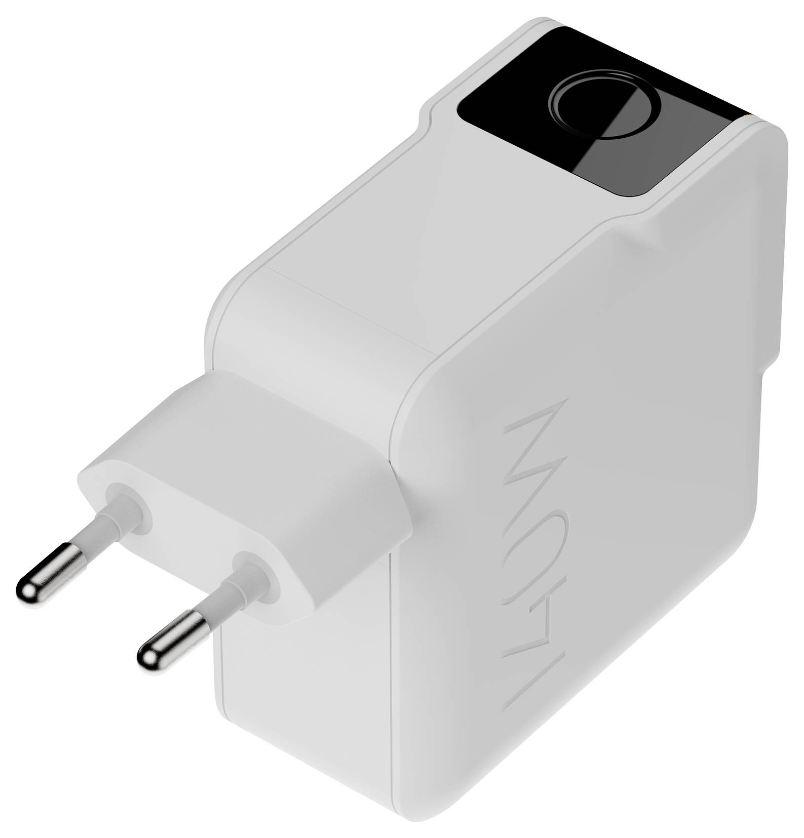 Weißer Elektro-Stromadapter mit zwei runden europäischen Steckerkontakten und einem oberen USB-C-Anschluss.