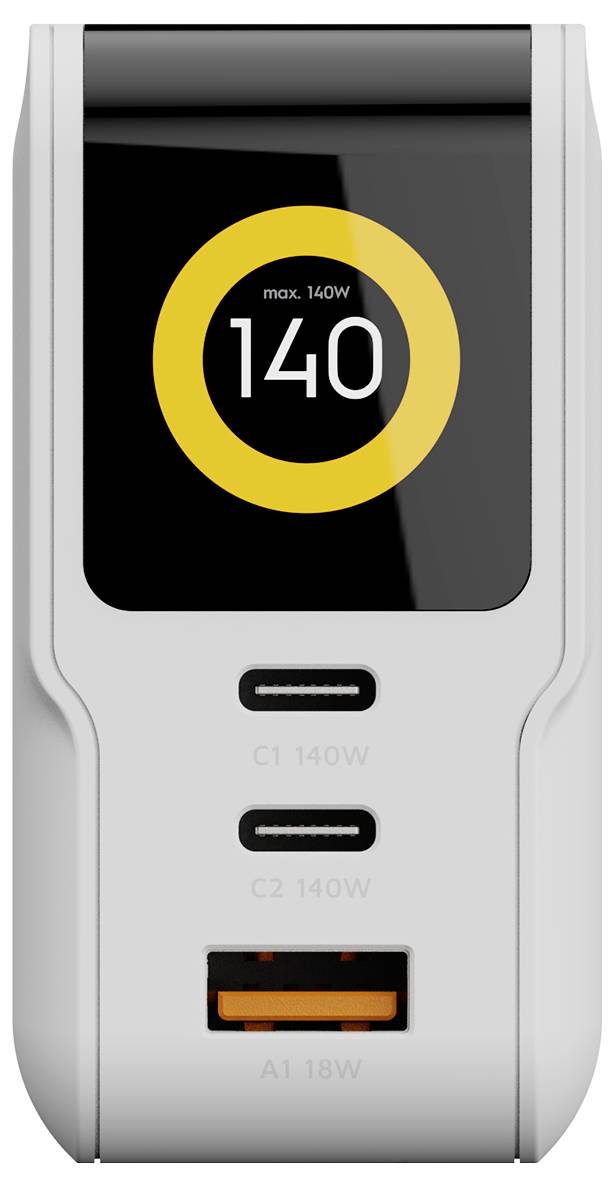 Frontansicht eines grauen USB-Ladehubs/einer Powerbank mit einem Display, das „140