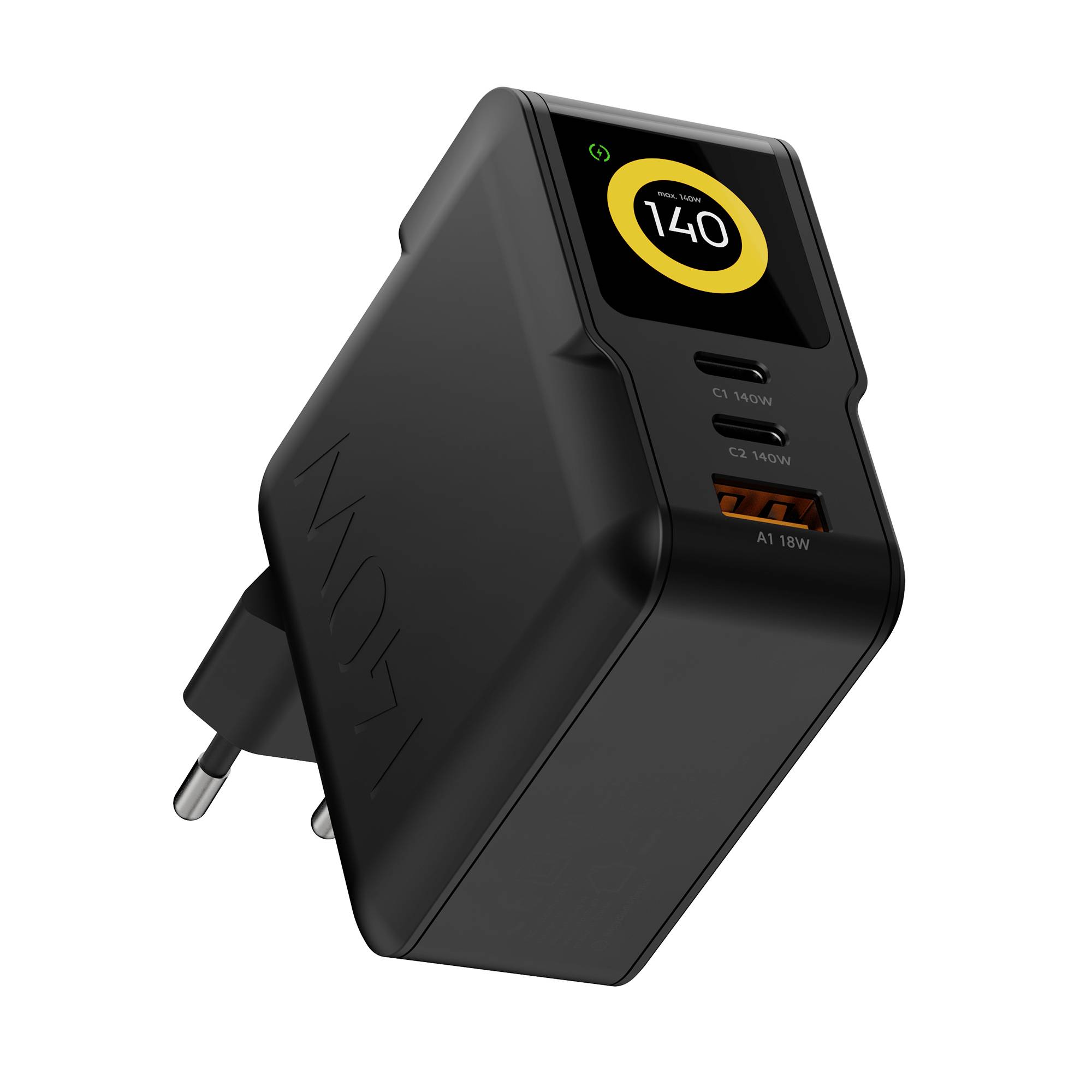 Schwarzes Wandladegerät mit Stecker, digitales Display zeigt 140 an, ein USB-A und zwei USB-C Anschlüsse