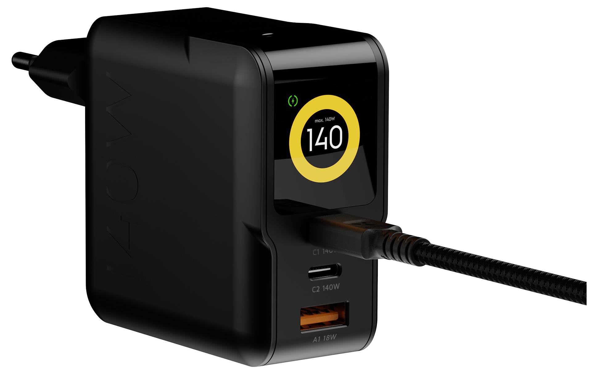 Schwarzes Wandladegerät mit angebrachtem Kabel, digitales Display zeigt 140 an und eine grüne Anzeigelampe, plus USB-C und USB-A Anschlüsse.