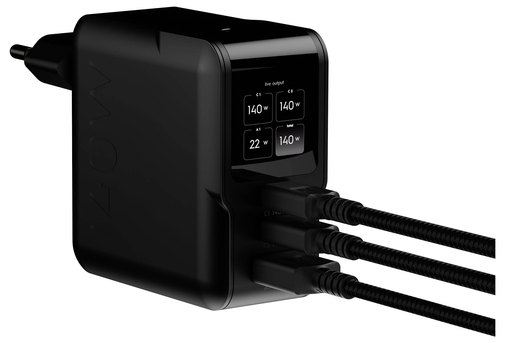 Schwarzes Multi-Port-Wandladegerät mit drei angeschlossenen Kabeln und einem kleinen Display, das Stromausgabepegel anzeigt, einschließlich 140 W und 22 W.