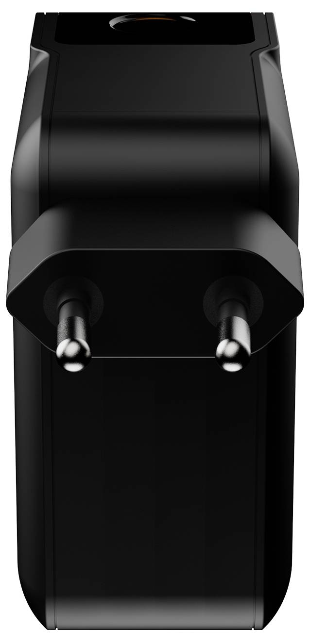 Schwarzer zweipoliger Steckeradapter aus der Frontalansicht, mit abgerundetem rechteckigem Gehäuse und zwei Metallstiften.