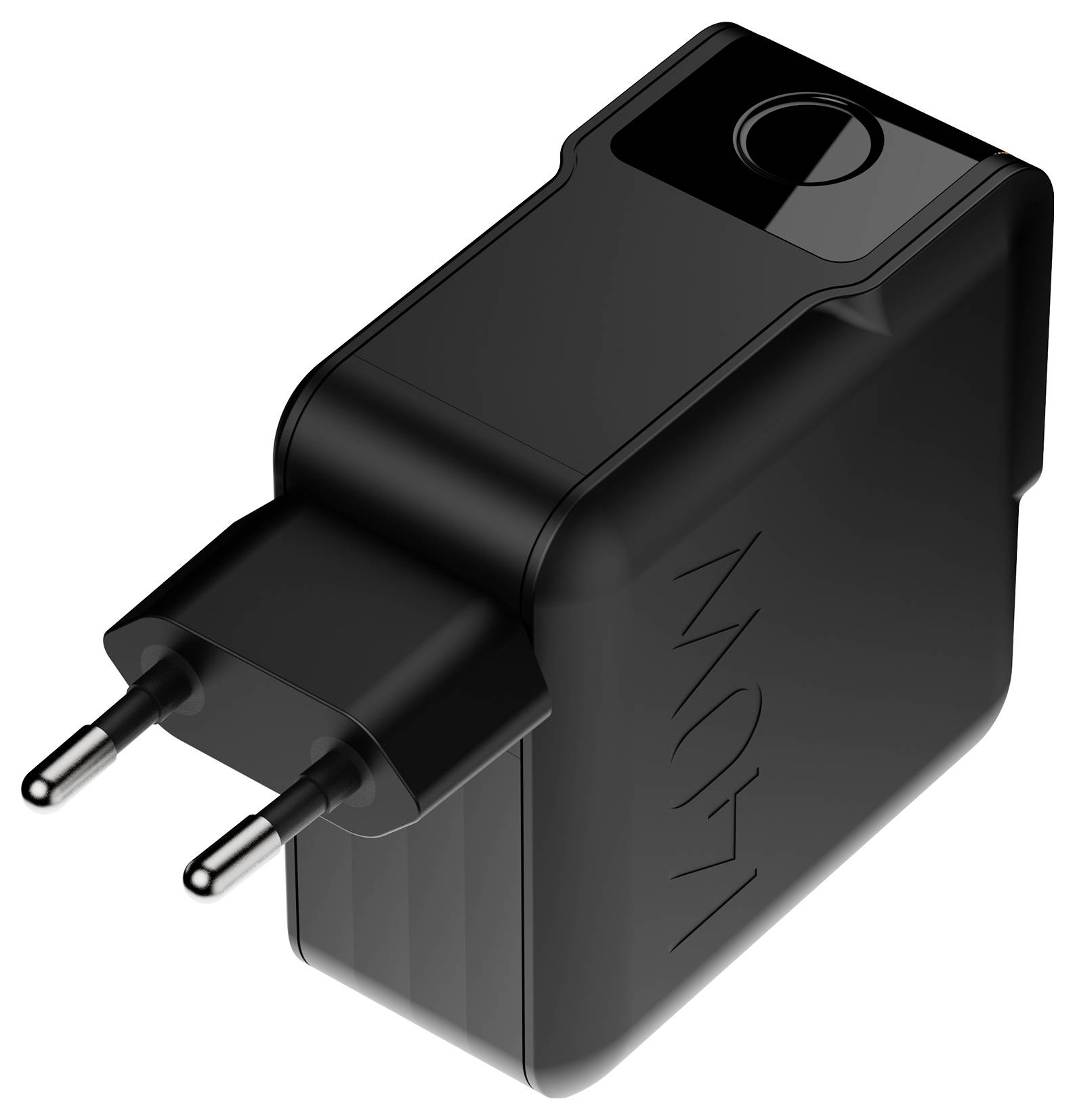 Schwarzer zweizackiger Netzadapter mit USB-Anschluss oben, isoliert auf weißem Hintergrund dargestellt.