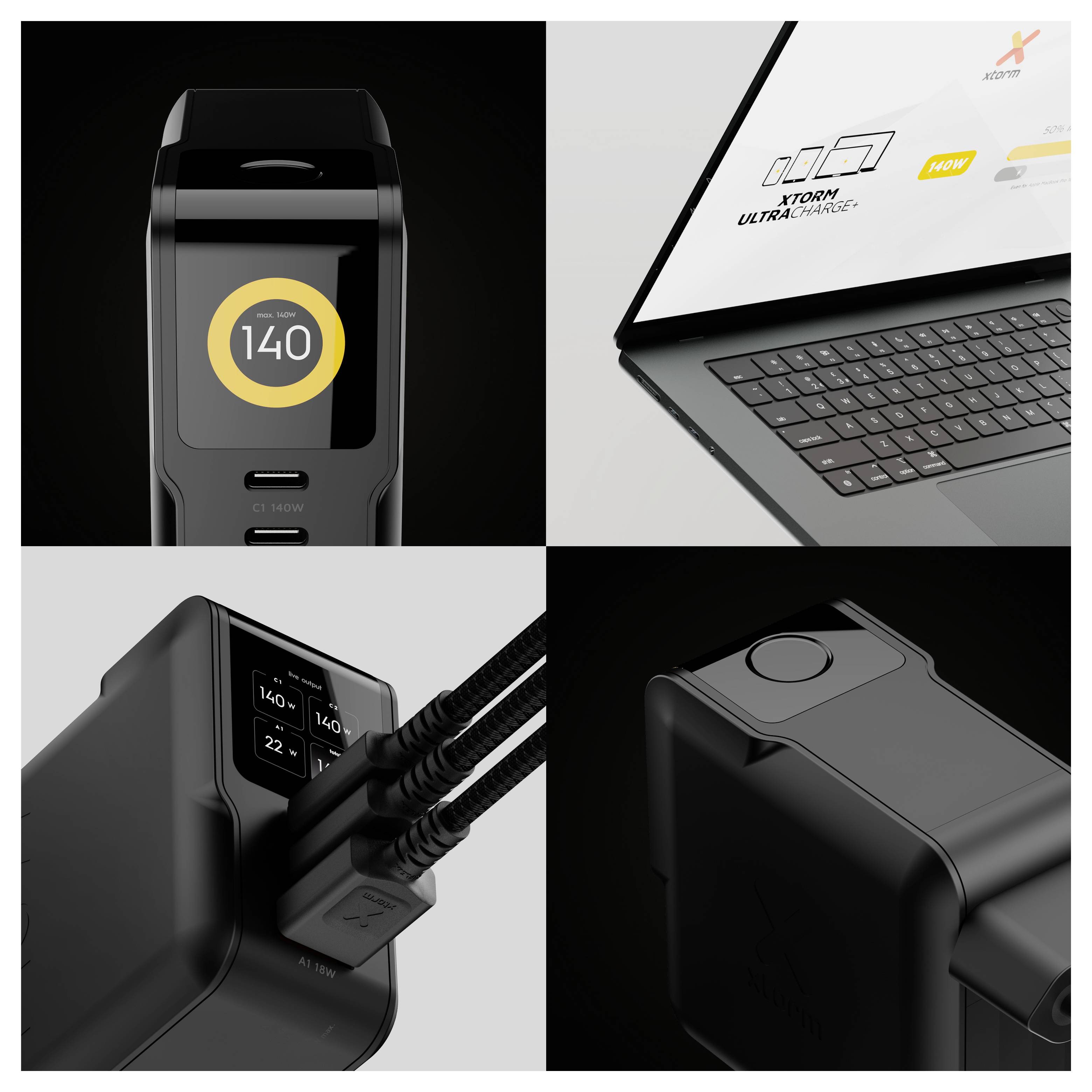Collage eines schwarzen USB-C-Ladehubs mit Stromanzeige, verbunden mit einem Laptop, mit mehreren benutzten Ladeanschlüssen.