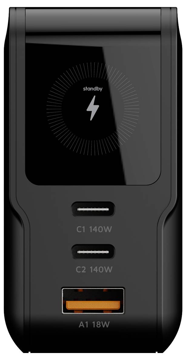 Schwarzer 140-W-Ladapter in Vorderansicht mit einem zentralen Standby-Blitzsymbol, zwei USB-C-Anschlüssen mit der Bezeichnung C1 140W und C2 140W sowie einem USB-A-Anschluss mit der Bezeichnung A1 18W.