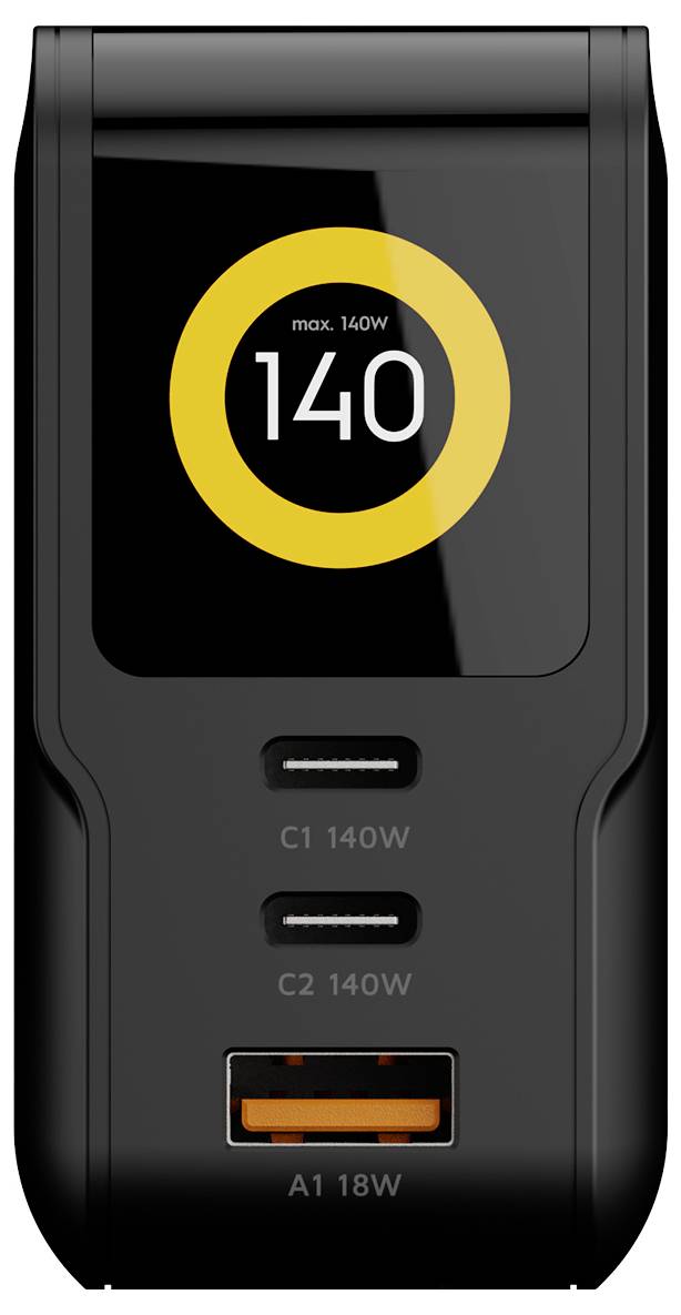 Schwarzer Stromadapter mit 140-W-Ausgabeanzeige, zwei USB-C-Anschlüssen mit den Bezeichnungen C1 140W und C2 140W sowie einem USB-A-Anschluss mit der Bezeichnung A1 18W.