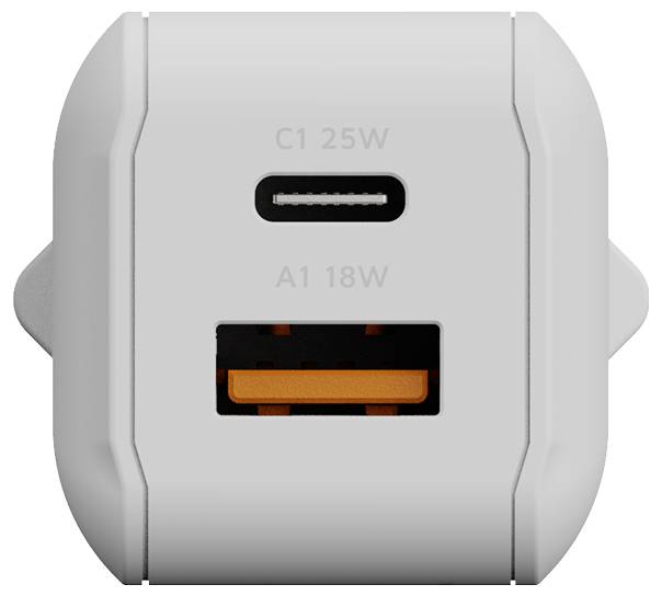Nahaufnahme eines weißen Wandladegeräts mit zwei Anschlüssen: ein USB-C-Anschluss mit der Bezeichnung „C1 25W