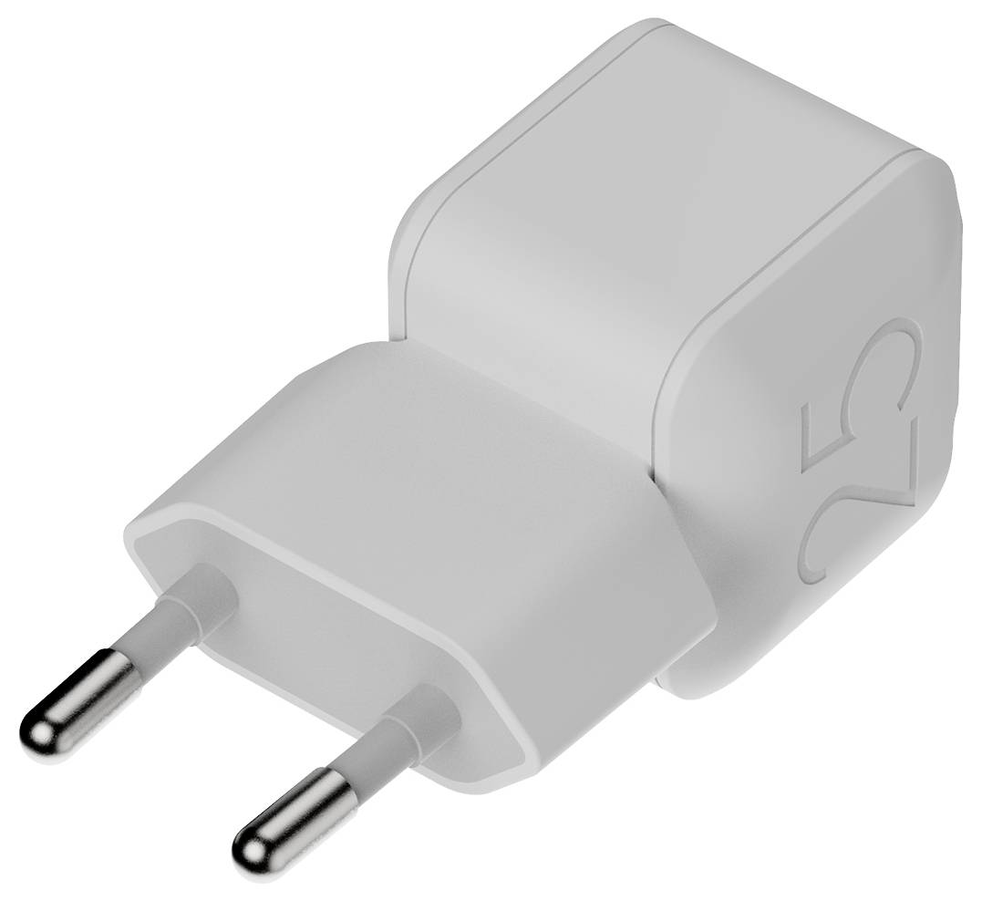 Weißer zweipoliger Elektrostecker-Wandladegerät-Adapter auf einfachem Hintergrund, in 3D-Ansicht dargestellt.