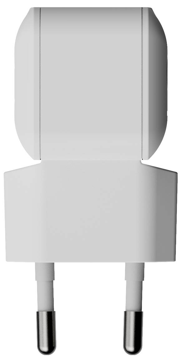 Weißer zweipoliger Steckeradapter mit abgerundetem Gehäuse und Metallkontakten auf einfachem Hintergrund