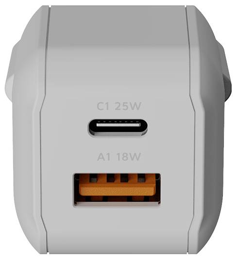 Grauer Doppel-Port-Wandladegerät mit USB-C-Anschluss mit der Beschriftung „C1 25W