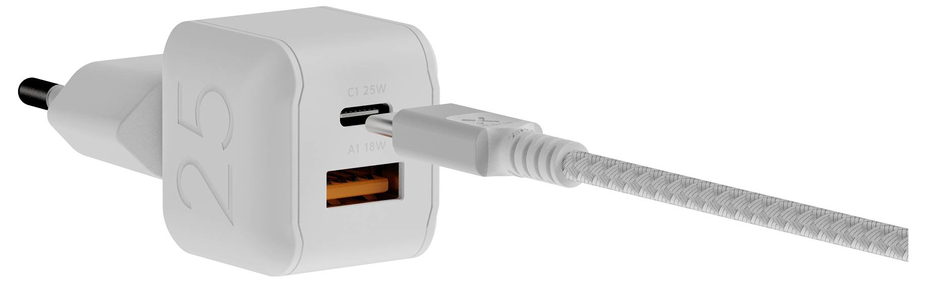 Weißes USB-Wandladegerät mit einem USB-A-Anschluss und angeschlossenem Kabel, mit der Aufschrift 25W.