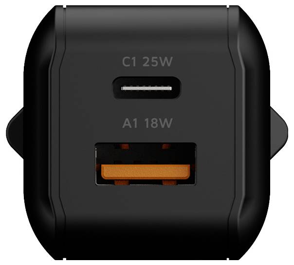 Schwarzes Dual-Port-USB-Autoladegerät mit einem USB-C-Anschluss mit der Bezeichnung C1 25W und einem USB-A-Anschluss mit der Bezeichnung A1 18W.