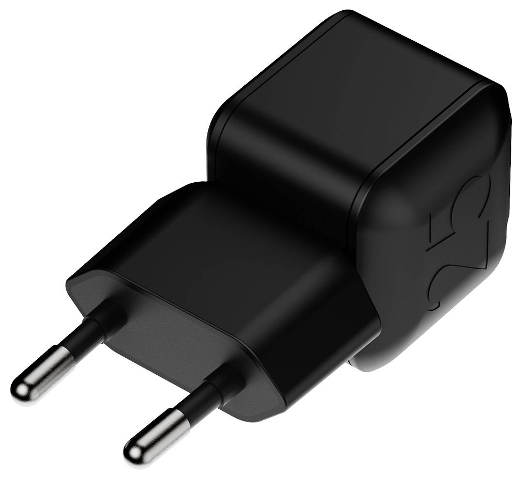 Schwarzer zweipoliger Elektrostecker-Adapter mit Euro-Stiften, isoliert auf weißem Hintergrund dargestellt.