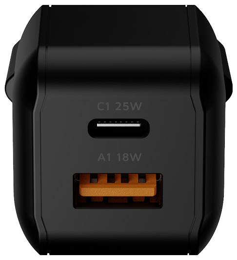 Schwarzes Autoladegerät mit zwei USB-Anschlüssen, gekennzeichnet mit C1 25W und A1 18W, mit einem USB-C-Anschluss über einem orangefarbenen USB-A-Anschluss.
