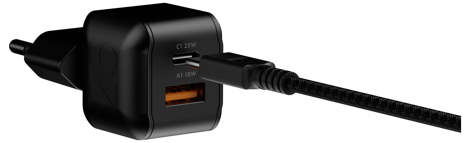 Schwarzer Dual-USB-Wandladegerät mit zwei Anschlüssen, gekennzeichnet mit C1 25W und A1 18W, mit angestöpselten Kabeln.