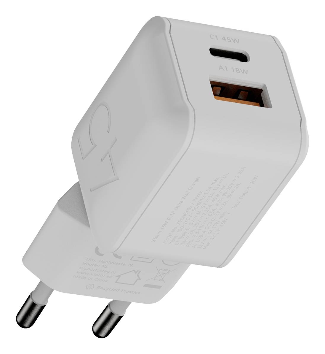 Weißes Wandladegerät mit EU-Stecker, ein USB-C-Anschluss mit der Bezeichnung „C1 45W