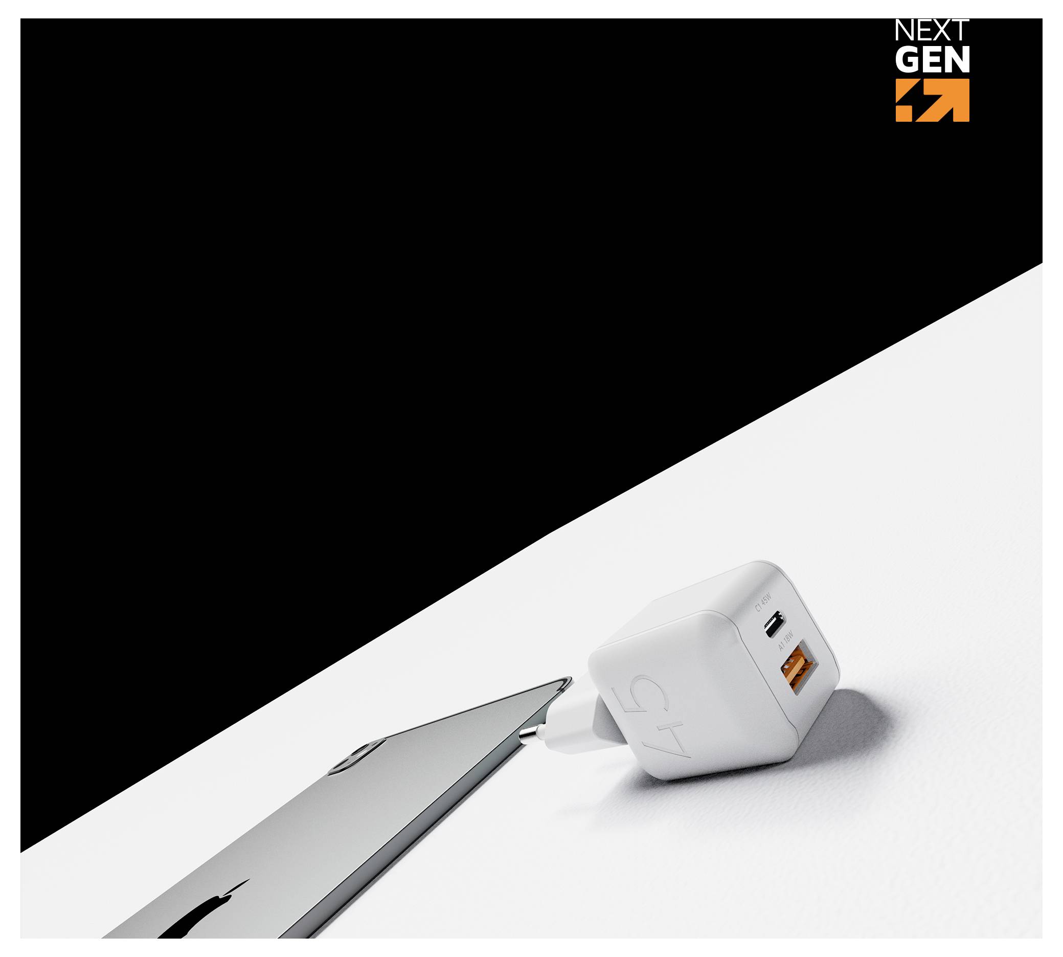 Weißes USB-C-Wandladegerät der nächsten Generation neben einem silbernen Smartphone auf einer weißen Oberfläche, mit dem Logo 