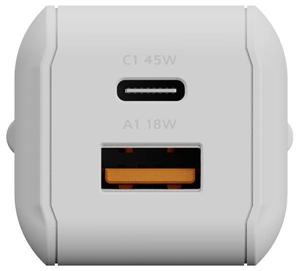 Weißes Dual-Port-Wandladegerät mit USB-C-Anschluss mit der Bezeichnung „C1 45W
