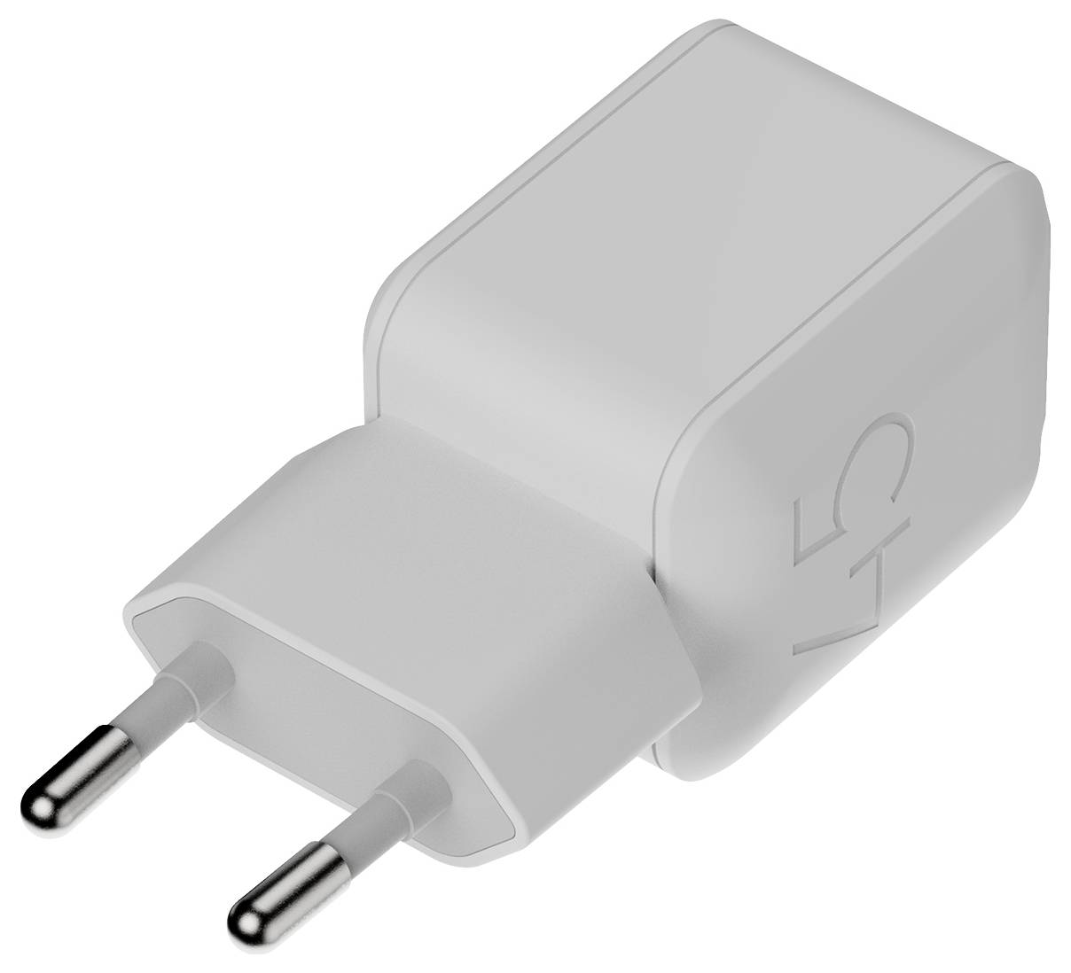 Weißer zweipoliger Elektro-Wandstecker-Adapter mit gerundeter rechteckiger Form auf einfachem Hintergrund.