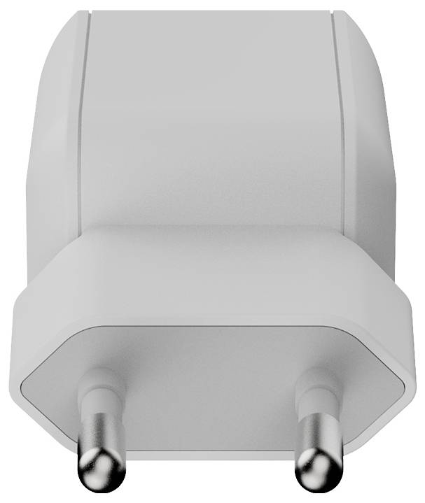 Weißer zweipoliger europäischer Steckeradapter mit abgerundeten Ecken auf einfachem Hintergrund.