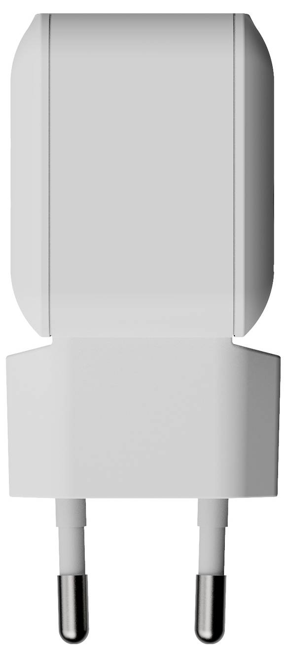 Weißer zweipoliger Elektrostecker-Adapter mit abgerundeten Seiten, in Vorderansicht auf weißem Hintergrund dargestellt.