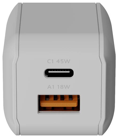 Weiß-schwarzes Doppel-Wandladegerät mit USB-C-Anschluss mit der Bezeichnung „C1 45W
