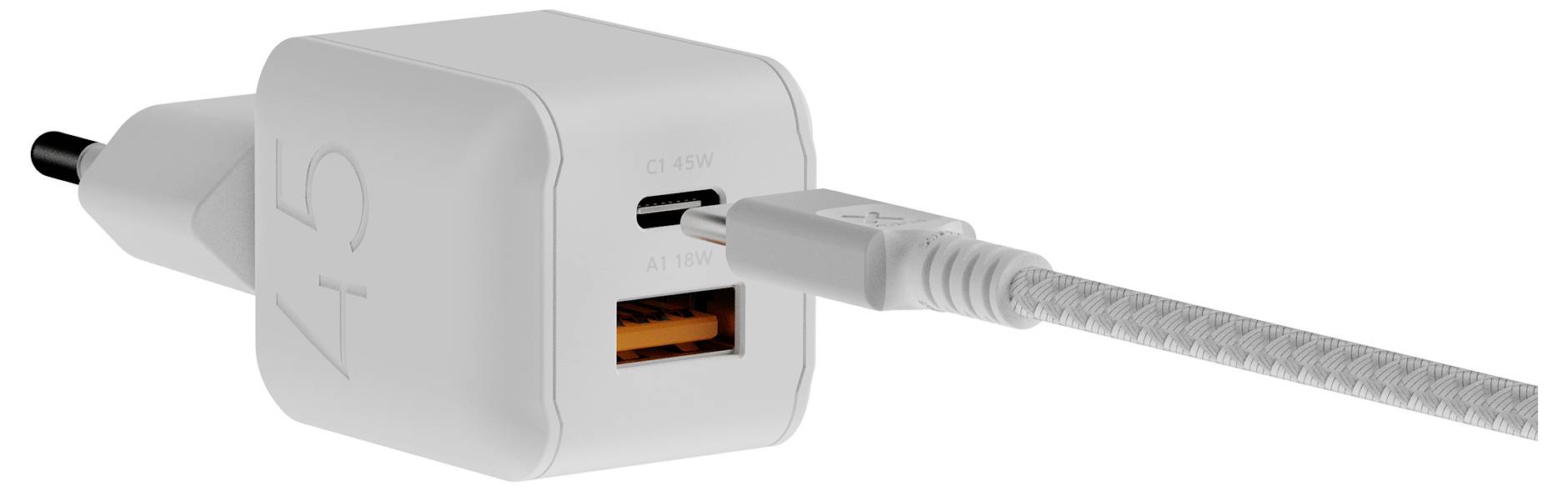 Weißes USB-Wandladegerät mit zwei Anschlüssen mit den Bezeichnungen C1 und A1, eingesteckt mit sichtbarem Kabel und Wechselstromstiften.