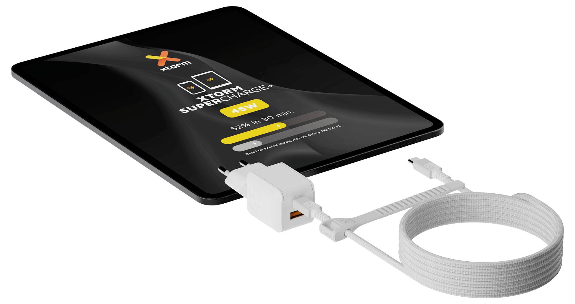 Schwarzes Datenspeichermodul mit einem angebrachten weißen Kabel und Stecker, dargestellt als produktstilisierte Illustration auf weißem Hintergrund.