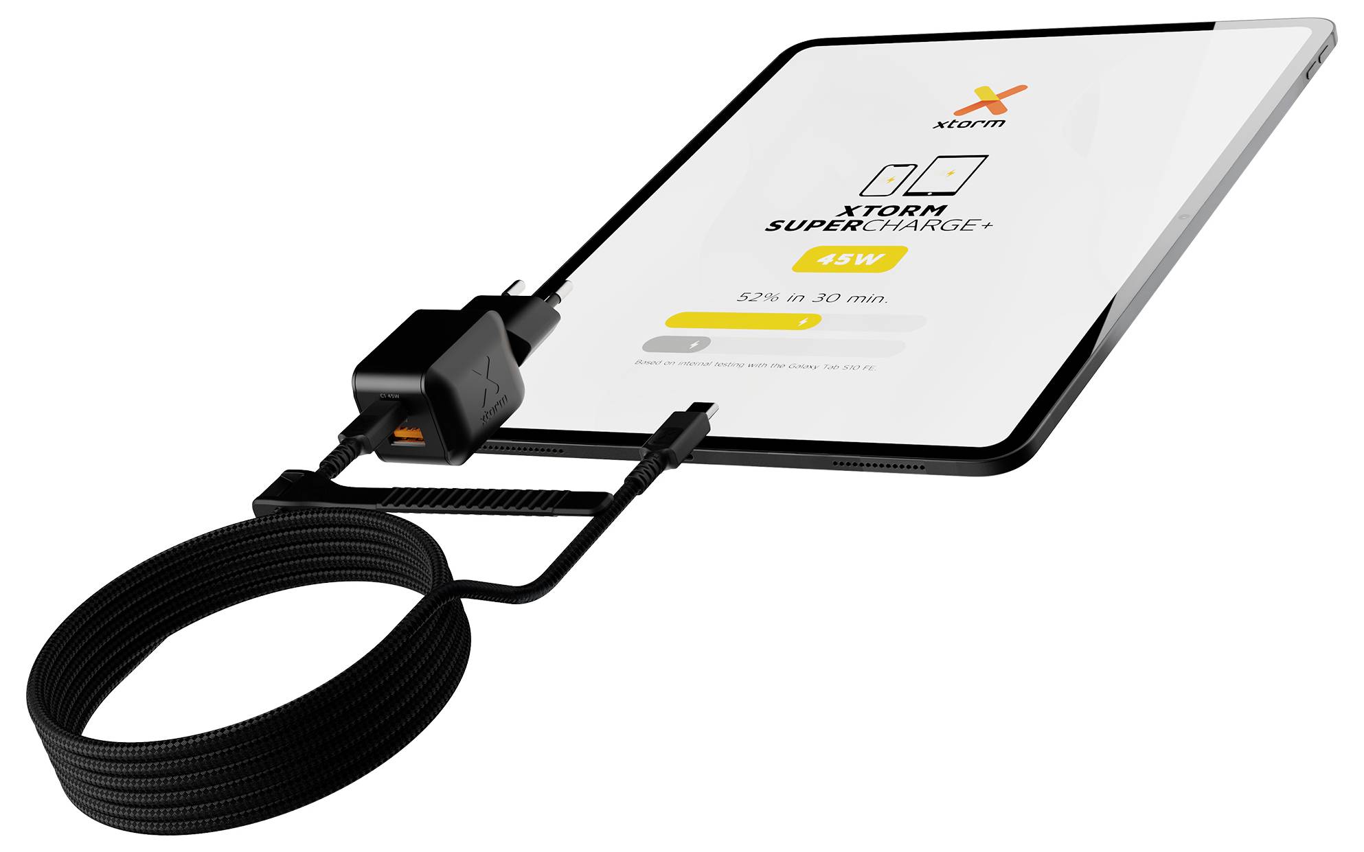 Schwarzes Ladekabel angeschlossen an ein Tablet, das 