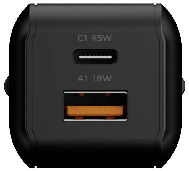 Schwarzes USB-Wandladegerät mit zwei Anschlüssen mit der Bezeichnung 