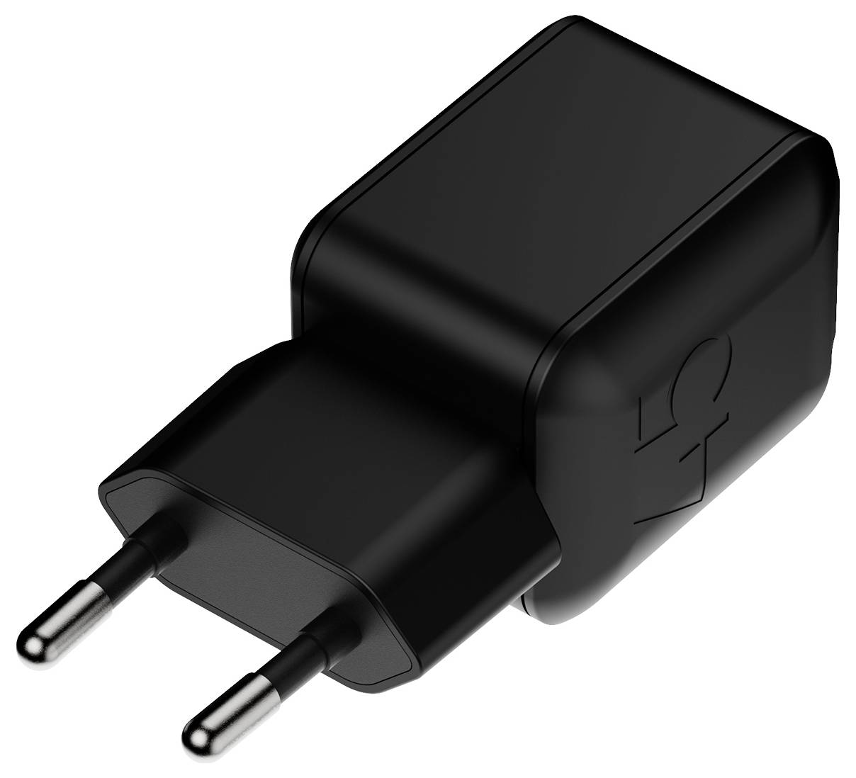 Schwarzer zweizackiger Wandstrom-Adapter-Ladestecker auf weißem Hintergrund gezeigt.