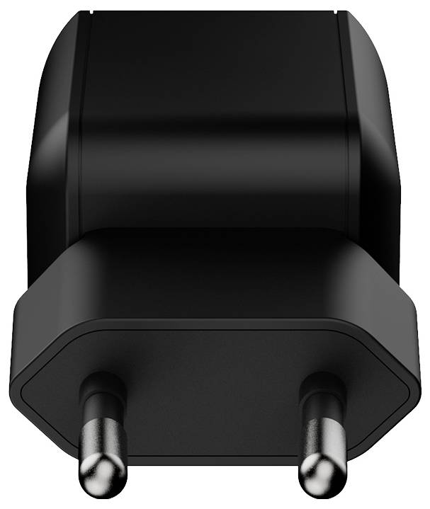 Schwarzer zweipoliger Stecker-Adapter mit abgerundetem Gehäuse, Vorderansicht auf weißem Hintergrund dargestellt.