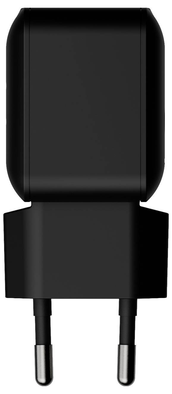 Schwarzer zweipoliger Elektro-Wandladegerät-Adapter auf weißem Hintergrund.