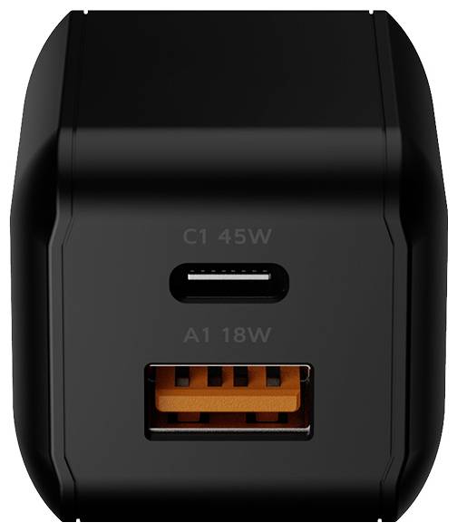 Schwarzes USB-Wandladegerät mit zwei Anschlüssen mit der Bezeichnung „C1 45W
