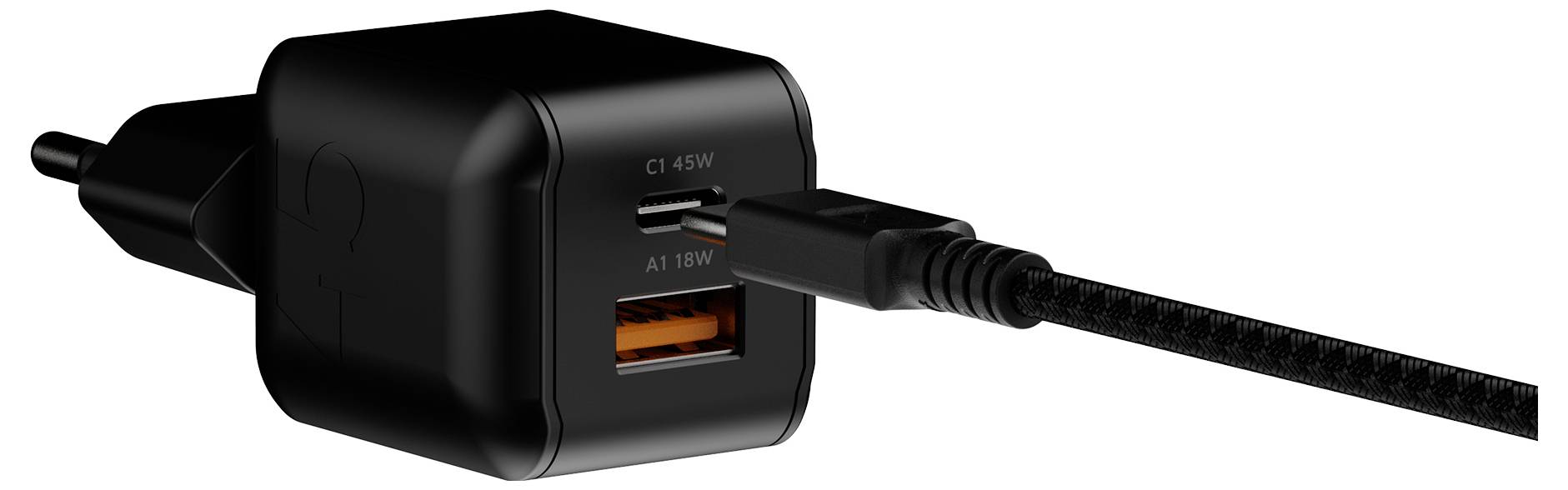 Schwarzes Wandladegerät mit zwei USB-C-Anschlüssen mit der Bezeichnung C1 45W und C2 18W, wobei ein Kabel in den unteren Anschluss eingesteckt ist.