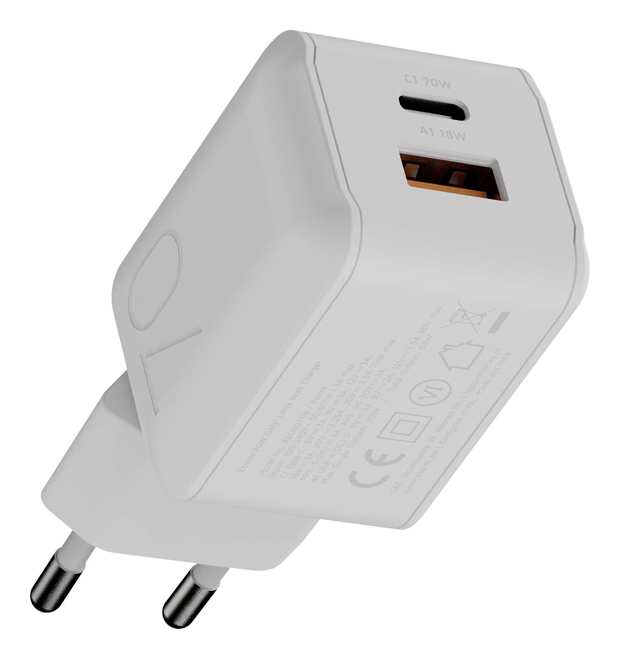 Weiß USB-Wandladegerät mit zweipoliger EU-Steckdose und einem USB-A-Anschluss mit der Bezeichnung „A1 18W