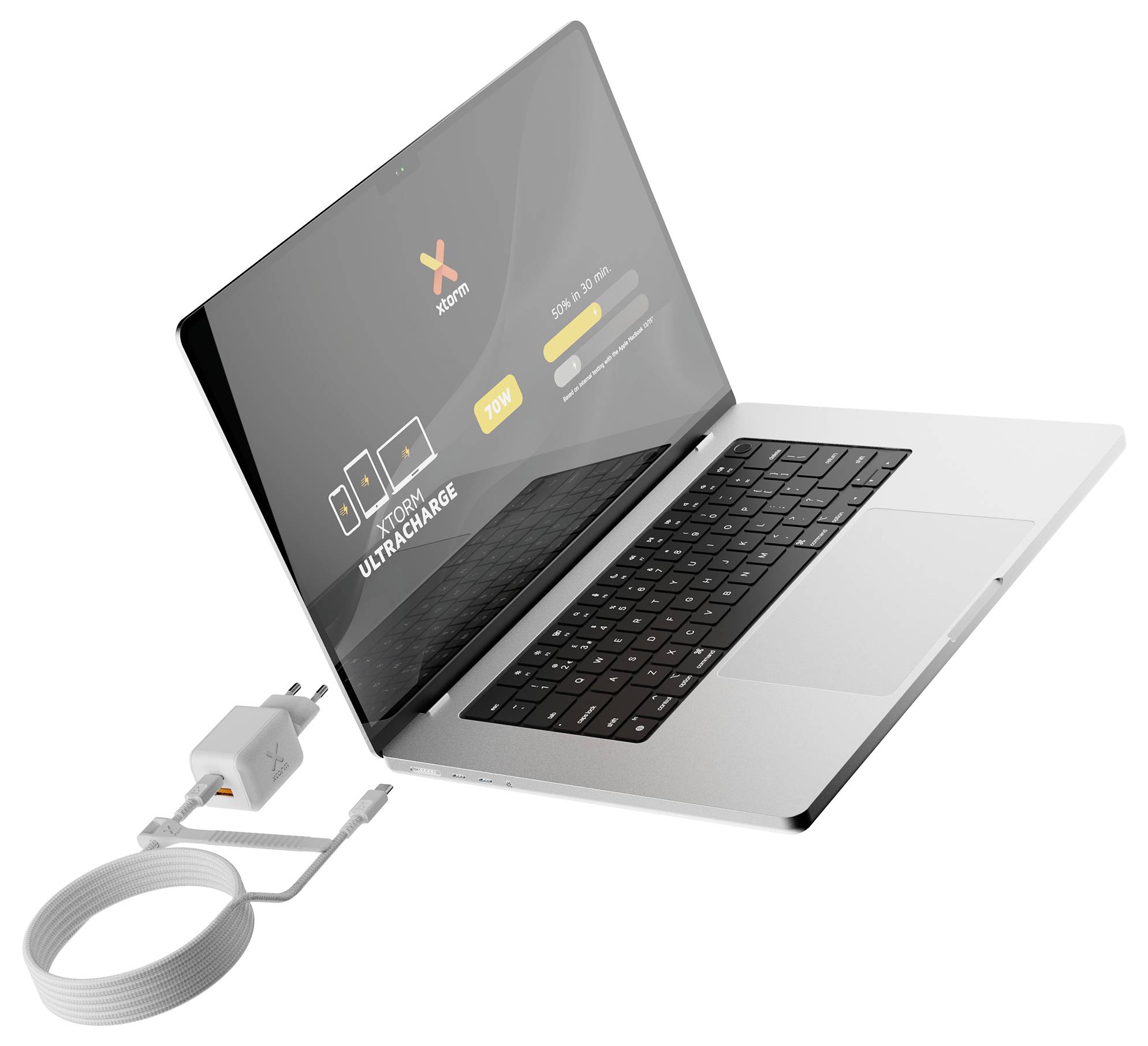 Silber-Laptop angeschlossen an ein Ladegerät, mit dunklem Bildschirm, der Batterie-/Ladegrafieken und die Worte „Xiaomi UltraCharge