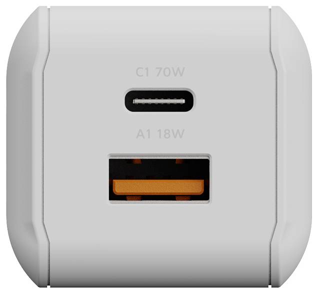 Nahaufnahme eines USB-Dual-Port-Ladegeräts mit einem USB-C-Anschluss mit der Bezeichnung „C1 70W