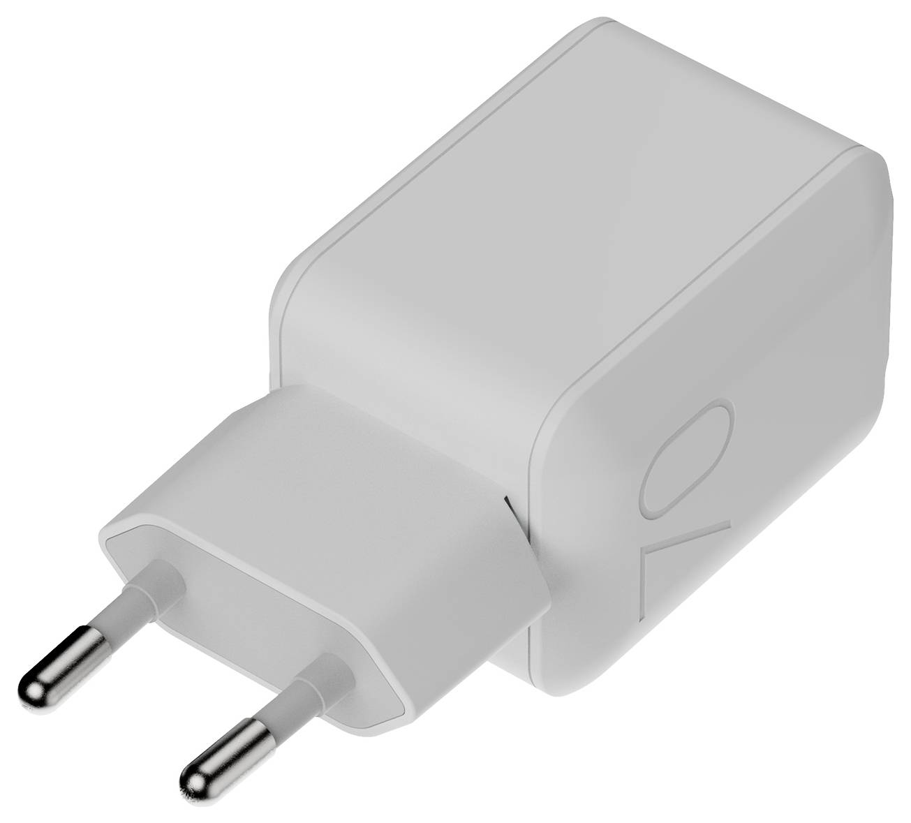 Weißer zweipoliger Wandstrom-Adapter-Ladegerät, gezeigt in einer Drei-Viertel-Ansicht auf einem einfachen Hintergrund.
