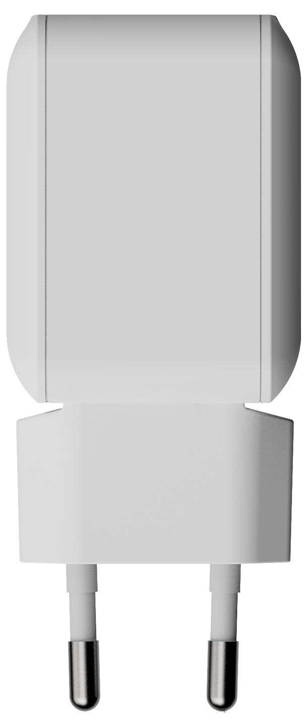 Grauer zweipoliger Elektrostecker-Adapter mit zwei runden Metallstiften auf einfachem Hintergrund