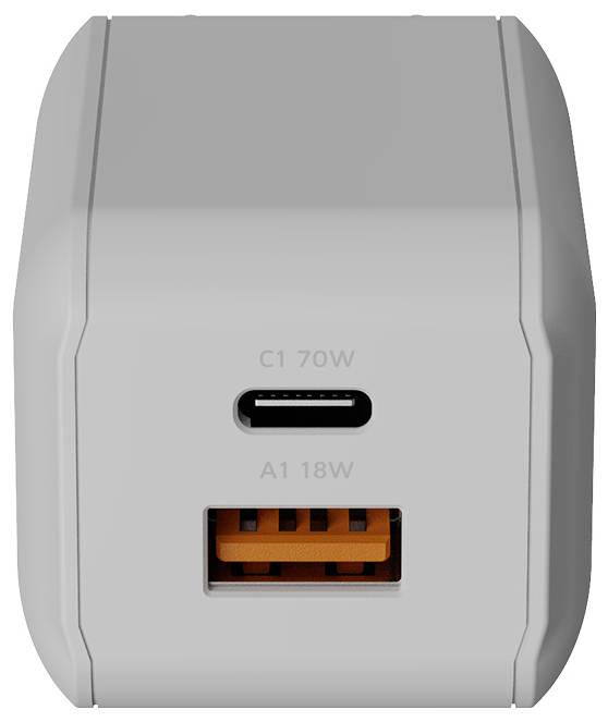 Weißer USB-C-Ladestecker mit einem USB-C-Port mit der Bezeichnung „C1 70W