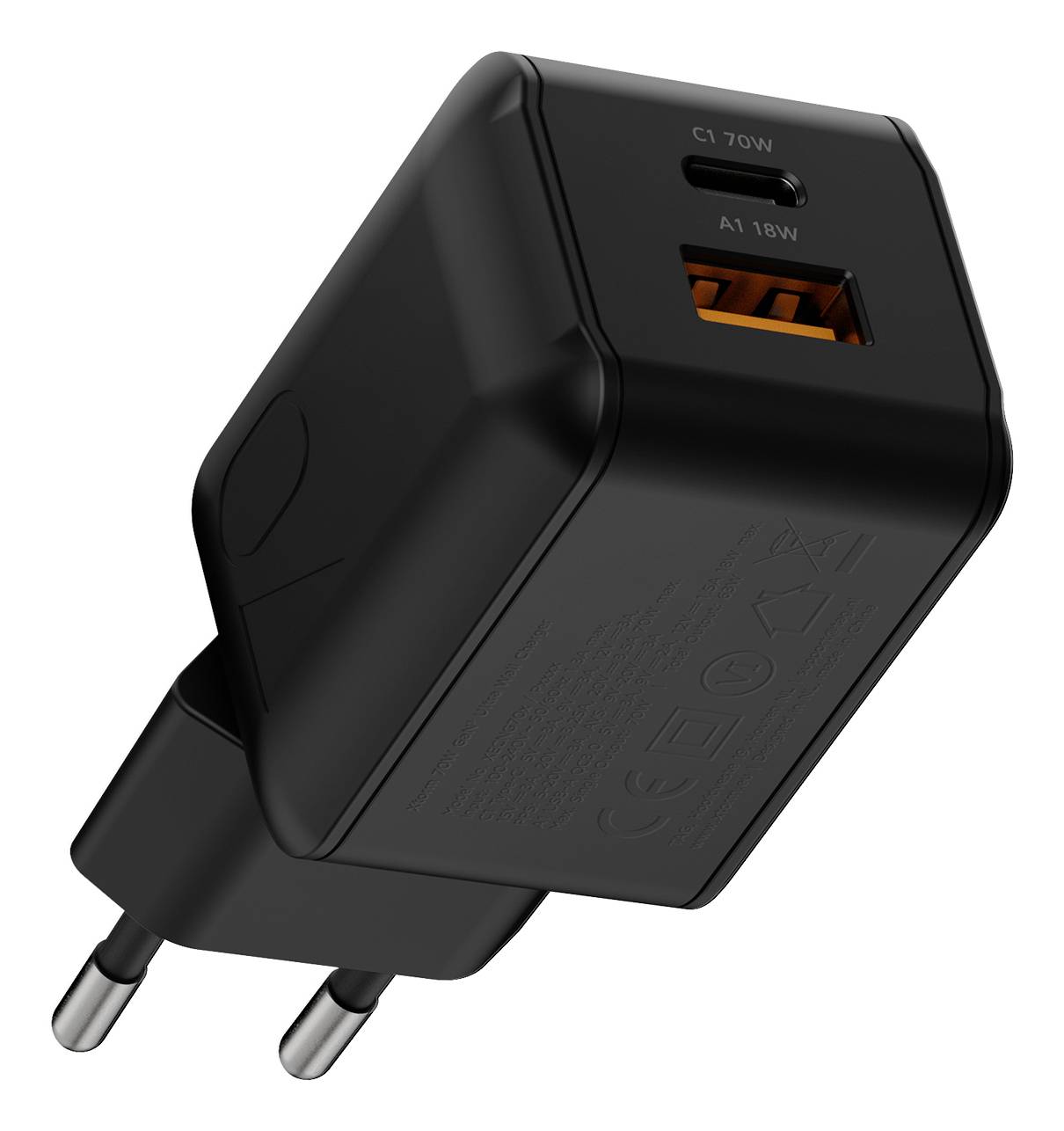 Schwarzes Wandladegerät mit europäischem Stecker, ausgestattet mit USB-C- und USB-A-Anschlüssen mit den Bezeichnungen „C1 20W