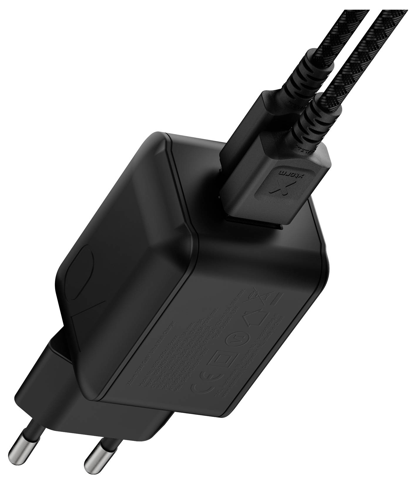 Schwarzes Wandladegerät mit zwei verbundenen geflochtenen USB-Kabeln und europäischem Zweipolstecker auf weißem Hintergrund.